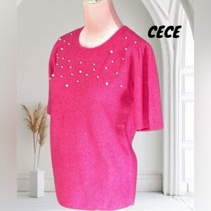 CeCe Soft Pink Short Sleeve Sweater Pearl Embellished Medium
